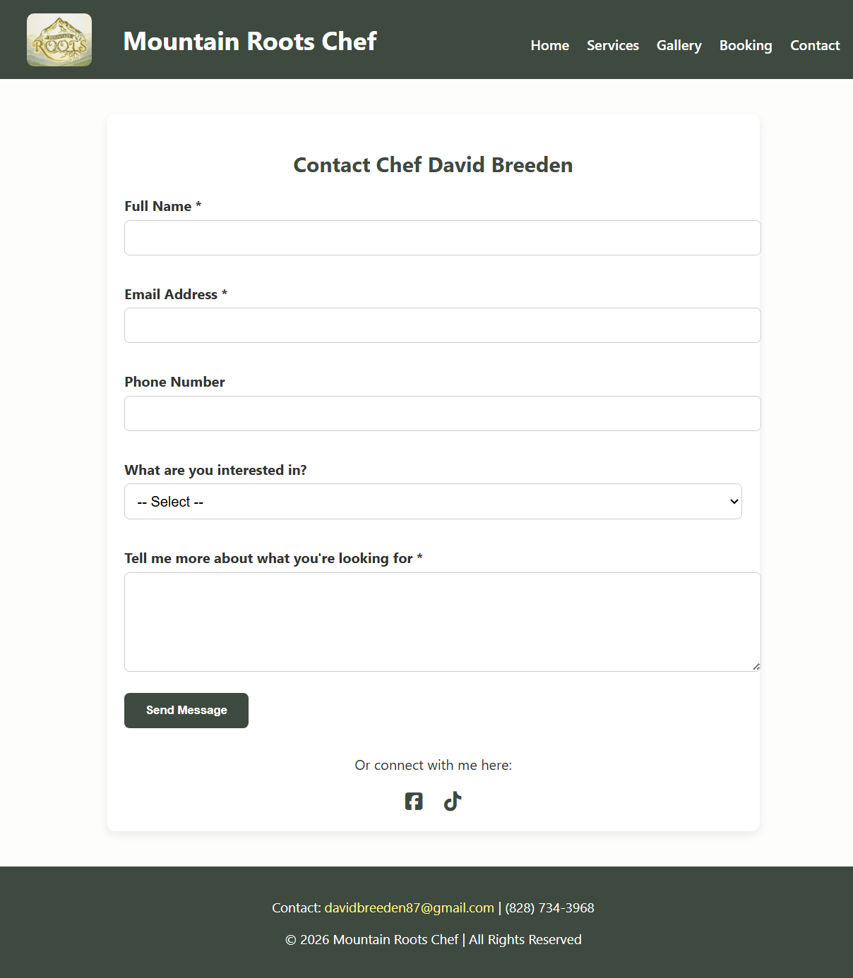 Desktop screenshot of the Mountain Roots Chef contact form.