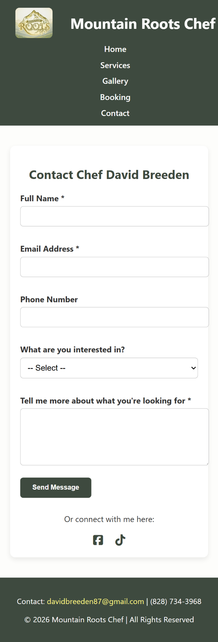 Mobile screenshot of the Mountain Roots Chef contact form.