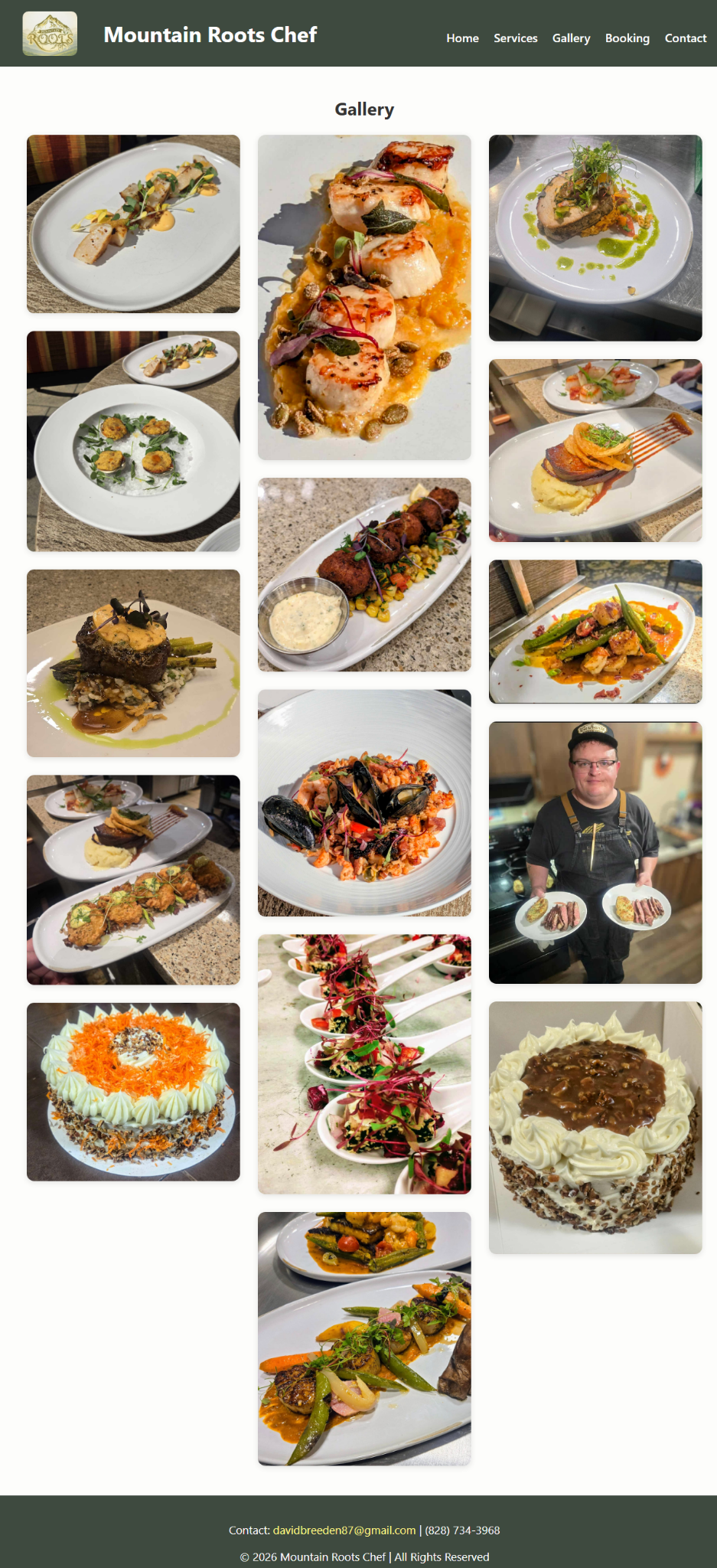Desktop screenshot of the Mountain Roots Chef gallery page displaying plated food photography in columns.