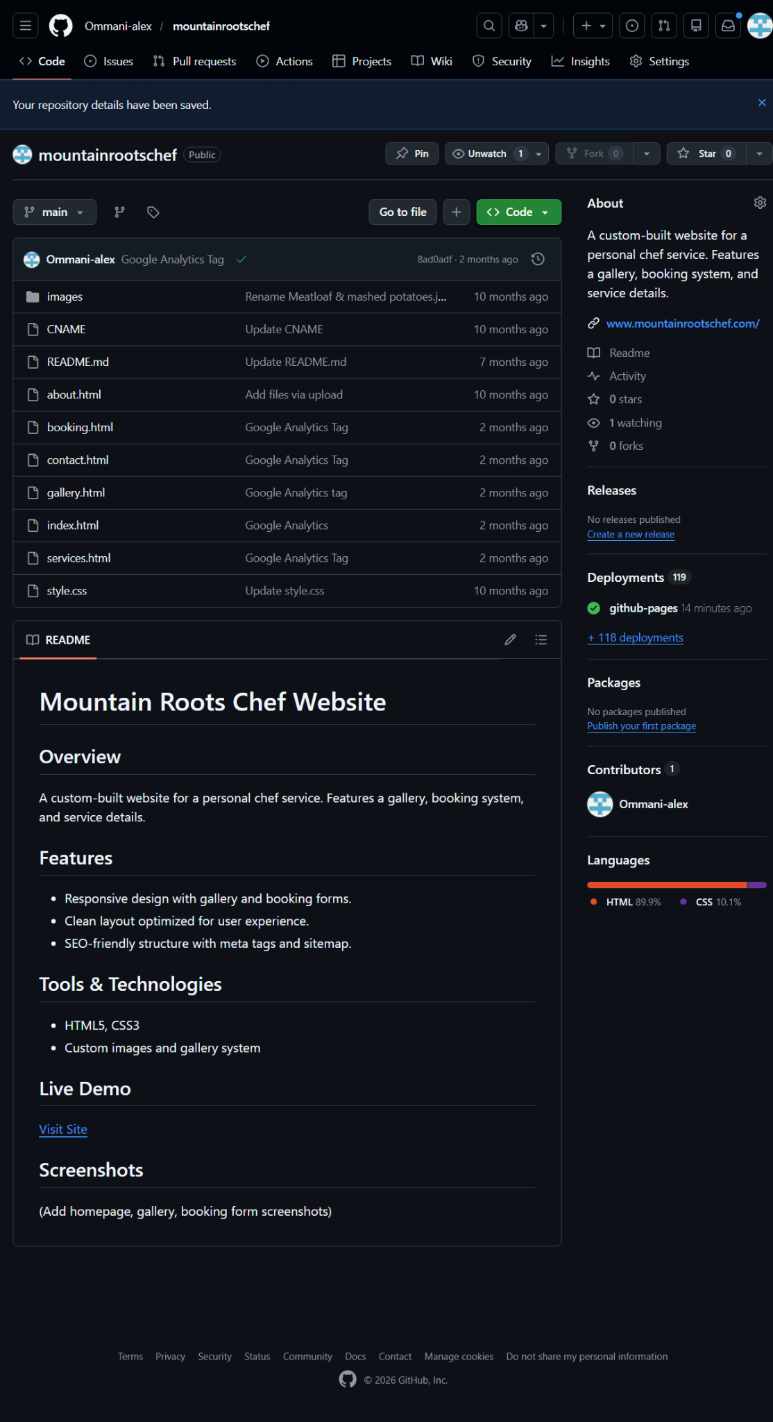 GitHub repository screenshot for the Mountain Roots Chef website.