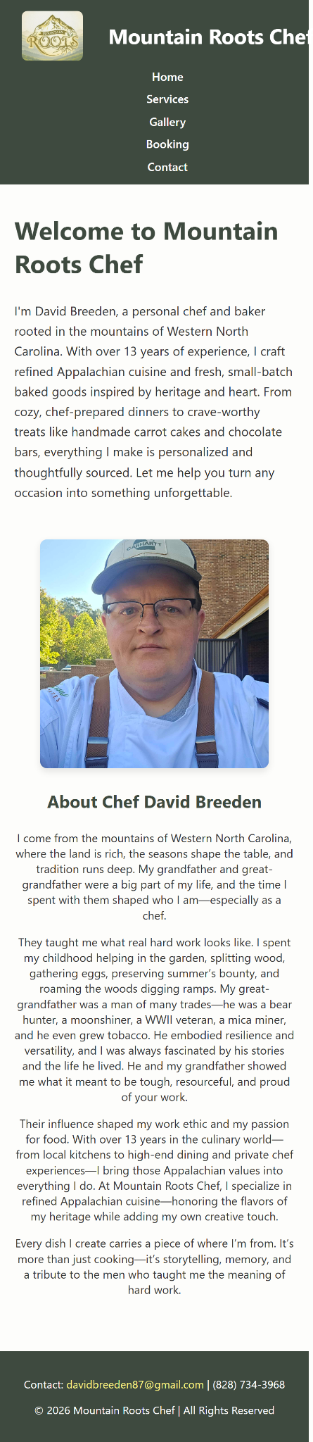 Mobile screenshot of the Mountain Roots Chef home page with chef introduction and portrait.
